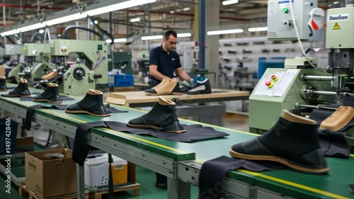 Shoe manufacturing process on an assembly line in a factory