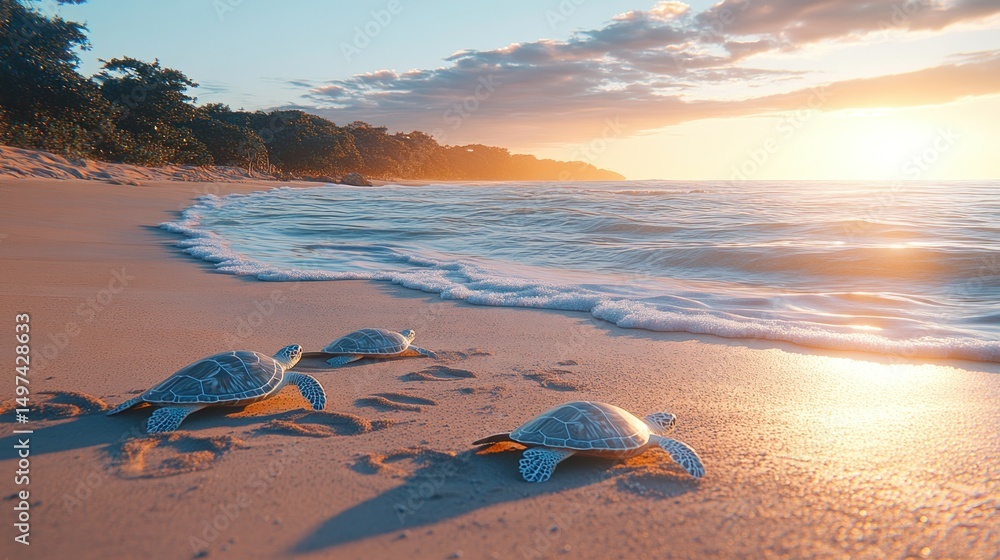 Obraz premium Turtles on a beach at sunrise