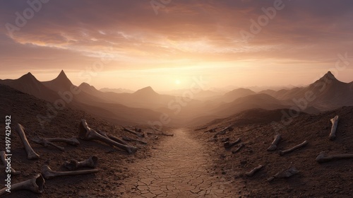 Desolate Path Bones Scattered Across a Dried Up Valley at Sunset