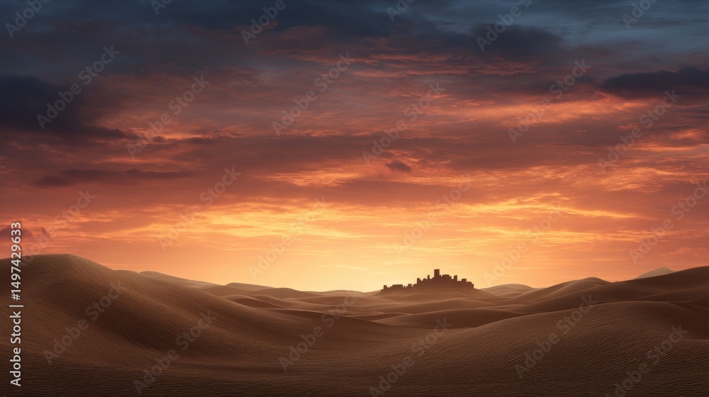 Obraz premium Majestic Desert Sunset Landscape with Distant City Silhouette at Golden Hour