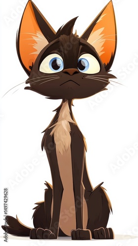 Curious cartoon cat sitting upright with large ears and expressive eyes in a playful pose