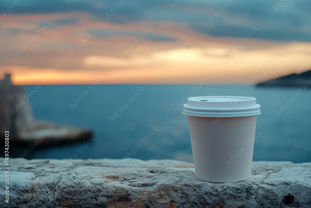 Close-up of a white paper coffee cup with a plastic lid on a stone wall, against a blurred background of the sea and sky at sunset . Close-up of a white paper coffee cup with a plastic lid on a stone wall, against a blurred background of the sea and sky at sunset .