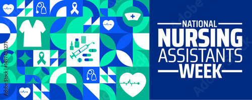 National Nursing Assistants Week background banner or poster design template. observed every year in June. Holiday concept. Use to any Template, card, poster, placard, template.
