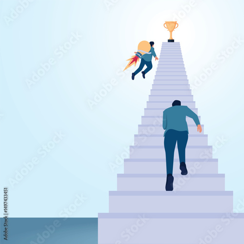 A man is heading towards the top of an idea with a rocket. A metaphorical illustration for shortcuts, strategies and the fastest way.