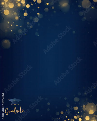 Royal Blue Vertical Layout with Glowing Gold Bokeh and Graduation Cap Symbol, Handwritten Text in Lower Right for Luxury Academic Branding Designs.