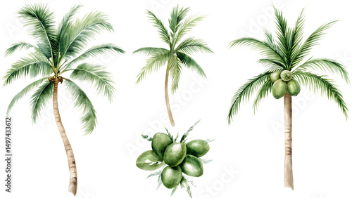 Tropical palm trees and coconuts isolated on a white background png ai generated