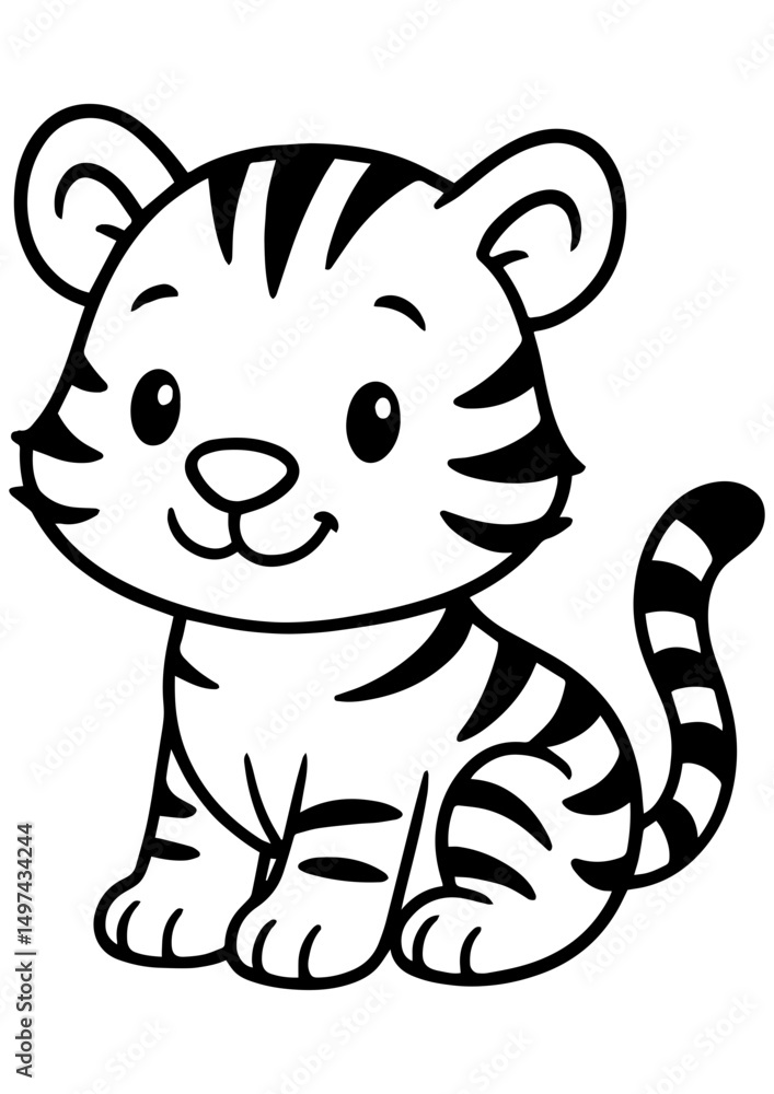 Black and white vector of a cute baby tiger. Perfect for engraving, kids books, prints, logos, and creative illustration projects Black and white vector of a cute baby tiger. Perfect for engraving, kids books, prints, logos, and creative illustration projects