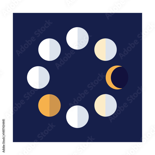 Flat design illustration of the eight phases of the lunar cycle on a dark background.
