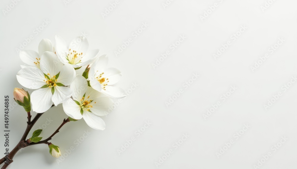 Fototapeta premium Delicate white flower blossoms on pure white backdrop, white flower, spring, petals