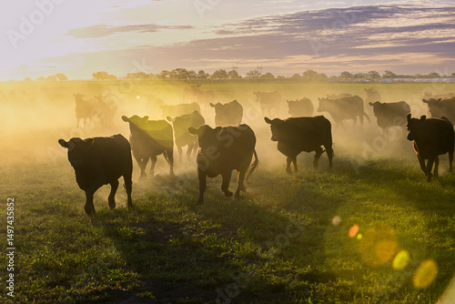 Cattle herd grazing in the field at sunset, in the Pampas plain, Patagonia, Argentina