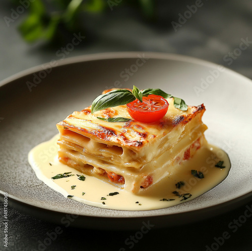 side view of a gourmet lasagna dish with creamy béchamel sauce, visible golden pasta layers, melted cheese, and tomato, served on elegant porcelain plate, garnished with fresh basil