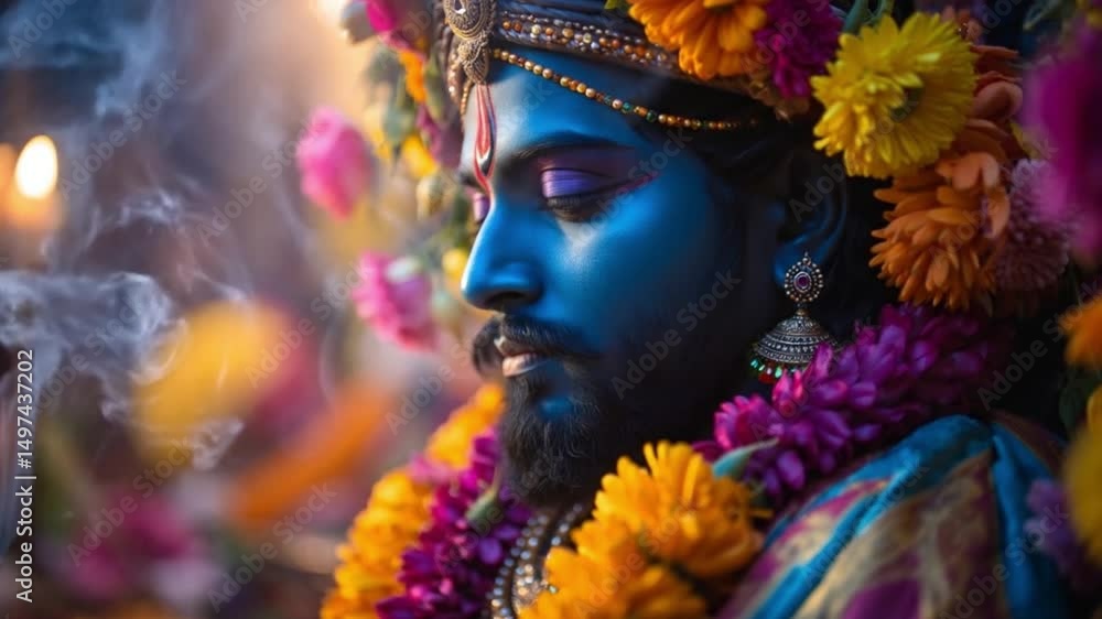 Krishna Janmashtami closeup statue lord Krishna flowers suitable festival greeting cards posters decorations religious content editorial illustrations.