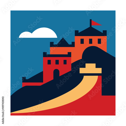 Vector illustration of the great wall of china with a blue sky and a single cloud