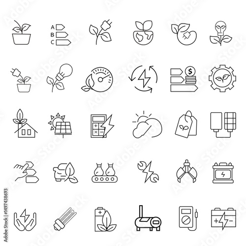 Energy Efficiency line icons set with ecology, consumption, house, solar, price, reduction, electricity, save, money, lightning and more. Editable Stroke