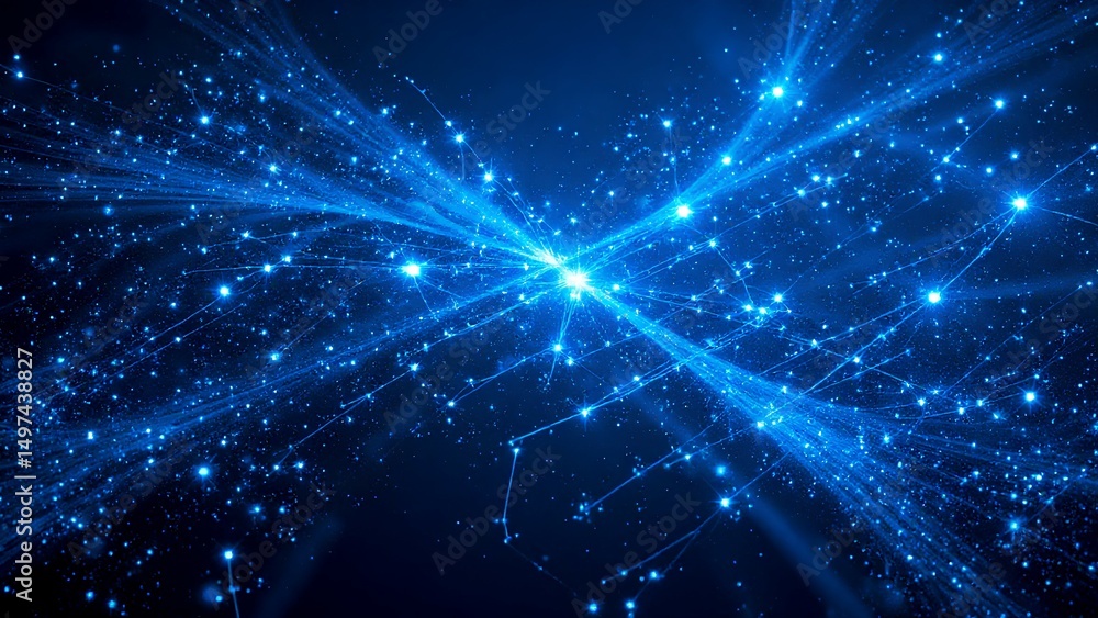 Fototapeta premium A network of glowing blue lines and dots radiates from a bright center, illustrating digital connections and data flow.