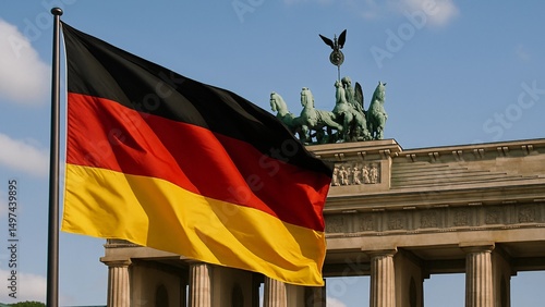 Large german flag waving in the wind in front of brandenburg gate, a symbol of german reunification, in berlin, germany, on a sunny day with blue sky and few clouds