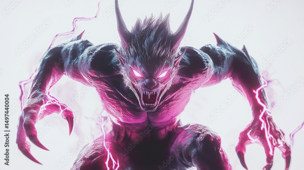 Fototapeta premium A monstrous werewolf figure, glowing with pink electric energy, charges forward