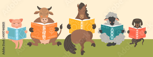 Cute domestic farm animals reading books. Children education illustration.