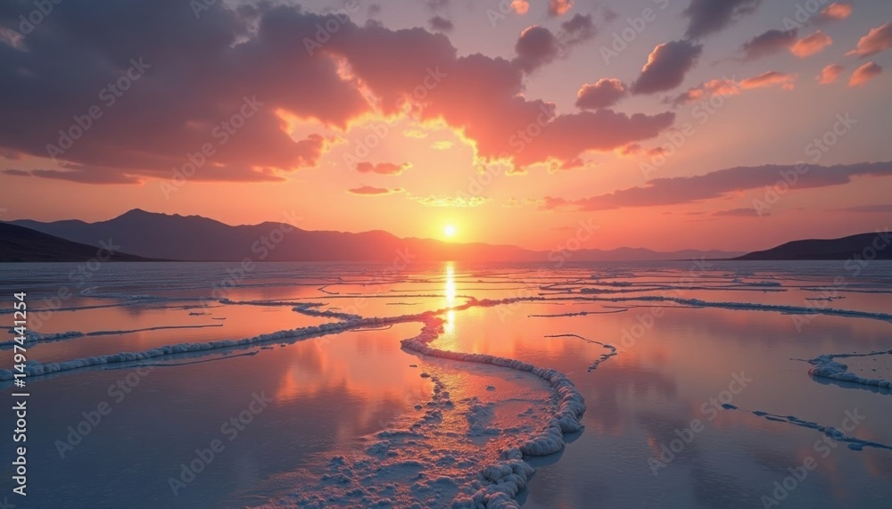 Fototapeta premium A breathtaking sunset paints the sky in vibrant hues reflected on a tranquil salt flat landscape
