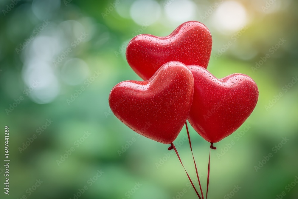 Colorful red heart balloons float against a lush green background during a cheerful outdoor celebration in springtime Colorful red heart balloons float against a lush green background during a cheerful outdoor celebration in springtime