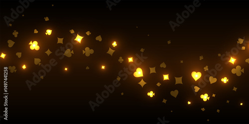 Casino background. Falling golden glowing playing cards on black background. Sparkling hearts, clubs, diamonds and spades on dark. Online gambling concept. VIP abstract vector illustration.