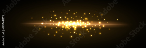 Golden light burst with sparkling particles. Glowing glitter effect on dark background. Horizontal flare with shiny glow. Festive magical light explosion. Abstract vector illustration.