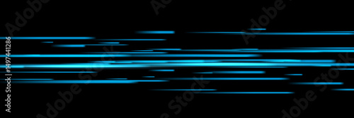 Abstract light speed effect lines on black background. Game futuristic shiny pattern with flowing bright blue rays on dark. Modern technology vector illustration.