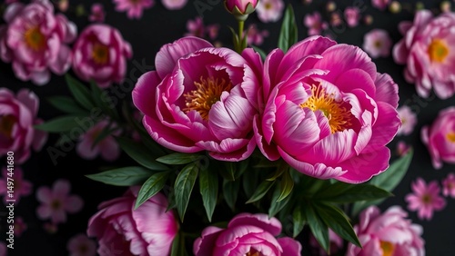 Beautiful Violet peonies bouquet on black Floral background Natural flowers pattern