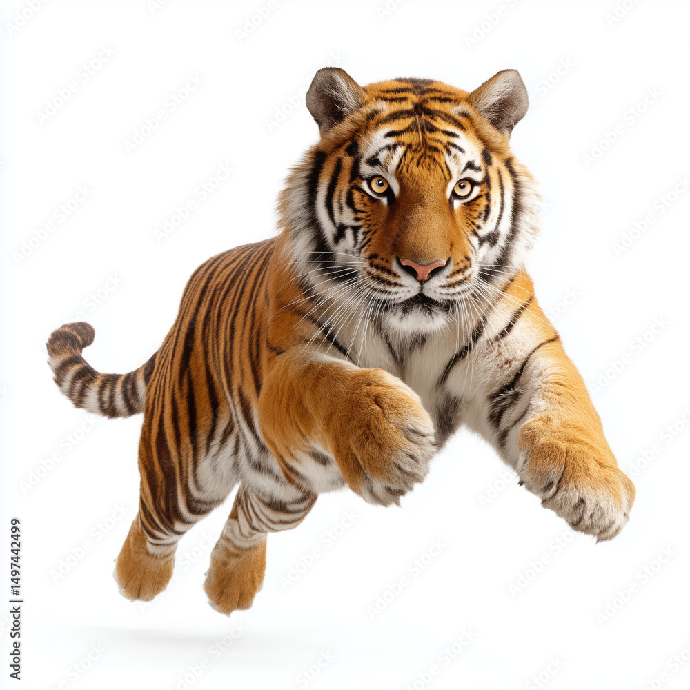 Naklejka premium Majestic Tiger in Mid-Air Leap , isolated on white background png