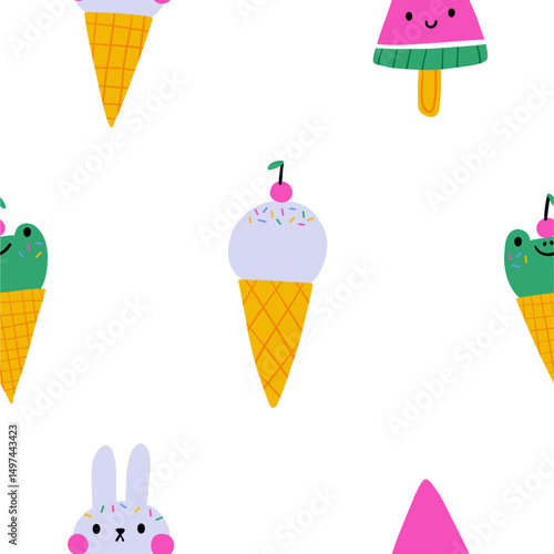 Cute cartoone ice cream - vector illustration in flat style. Playful deserts. Seamless pattern