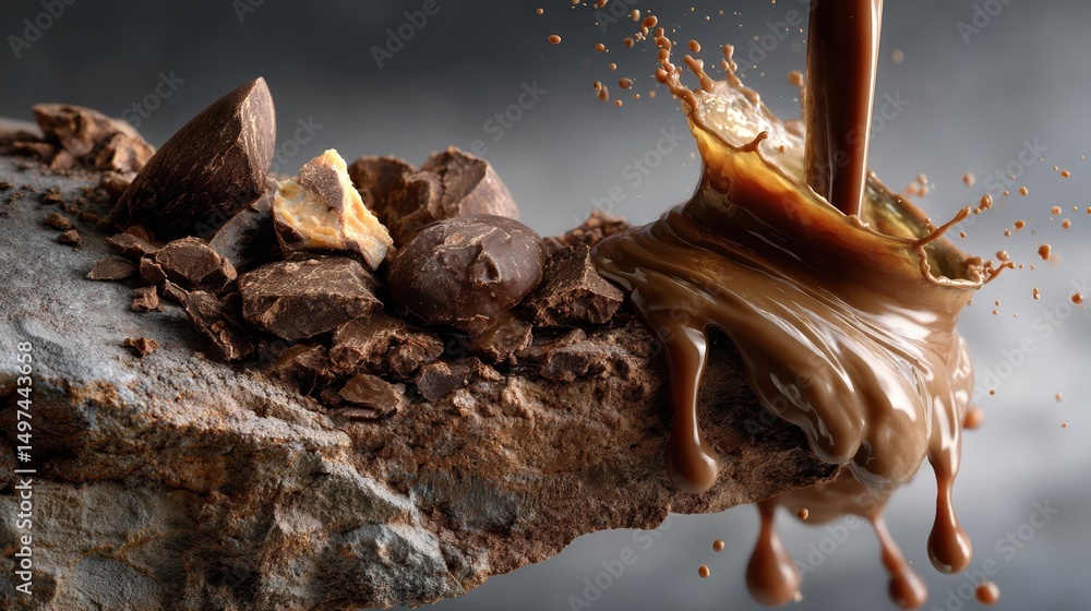 Fototapeta premium Delicious Melted Chocolate Pours Over Chocolate Pieces on a Rough Rock Surface