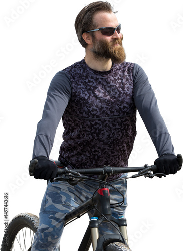 Sports brutal bearded guy on a modern mountain bike. A cyclist in a salt deserted place by the lake.