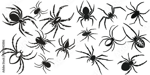 A collection of black spider silhouettes in various poses, perfect for Halloween or nature-themed designs.