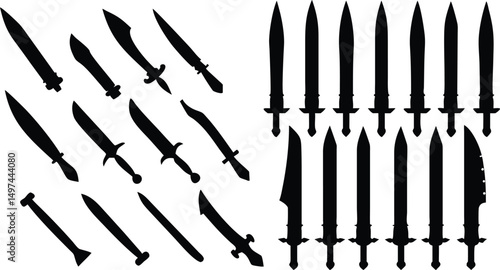 Sword silhouette collection, Medieval sword, dagger, cross guard. Black weapon designs, different shapes and styles flat collection