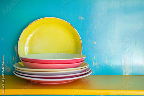 A stack of colorful plates in various sizes, with a bright yellow plate on top. The background features a textured blue wall, creating a cheerful and vibrant kitchen atmosphere.