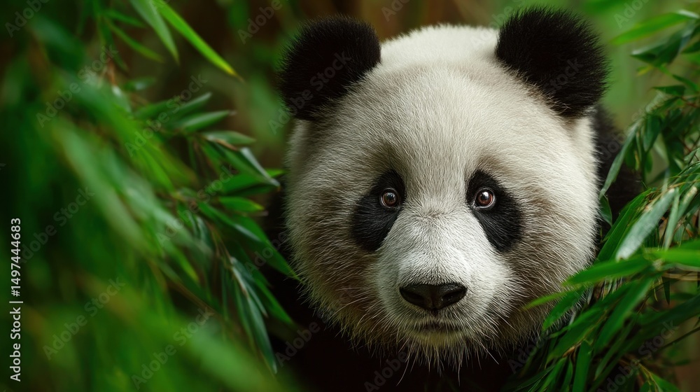 Fototapeta premium Intimate Encounter: Giant Panda Peering Through Verdant Bamboo Foliage
