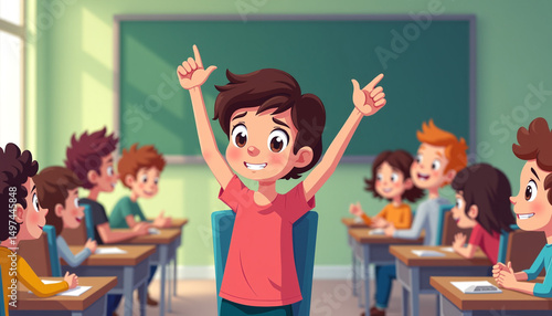 Wallpaper Mural An excited boy standing at his desk raises both hands in a victory pose while classmates look on cheering. Torontodigital.ca