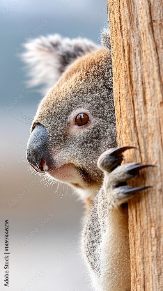 Obraz premium Macro shot of koala clutching tree trunk with sharp claws in natural habitat