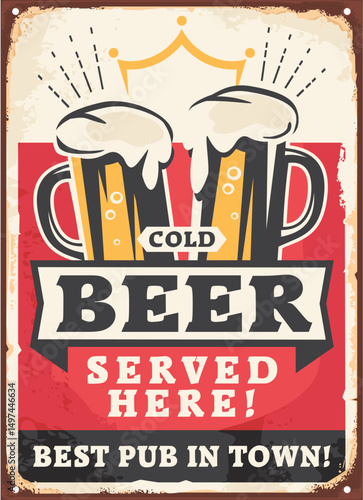 Cold beer served here retro pub sign with beer mugs on old metal texture, Vintage poster with alcoholic drinks. Vector cafe bar illustration.