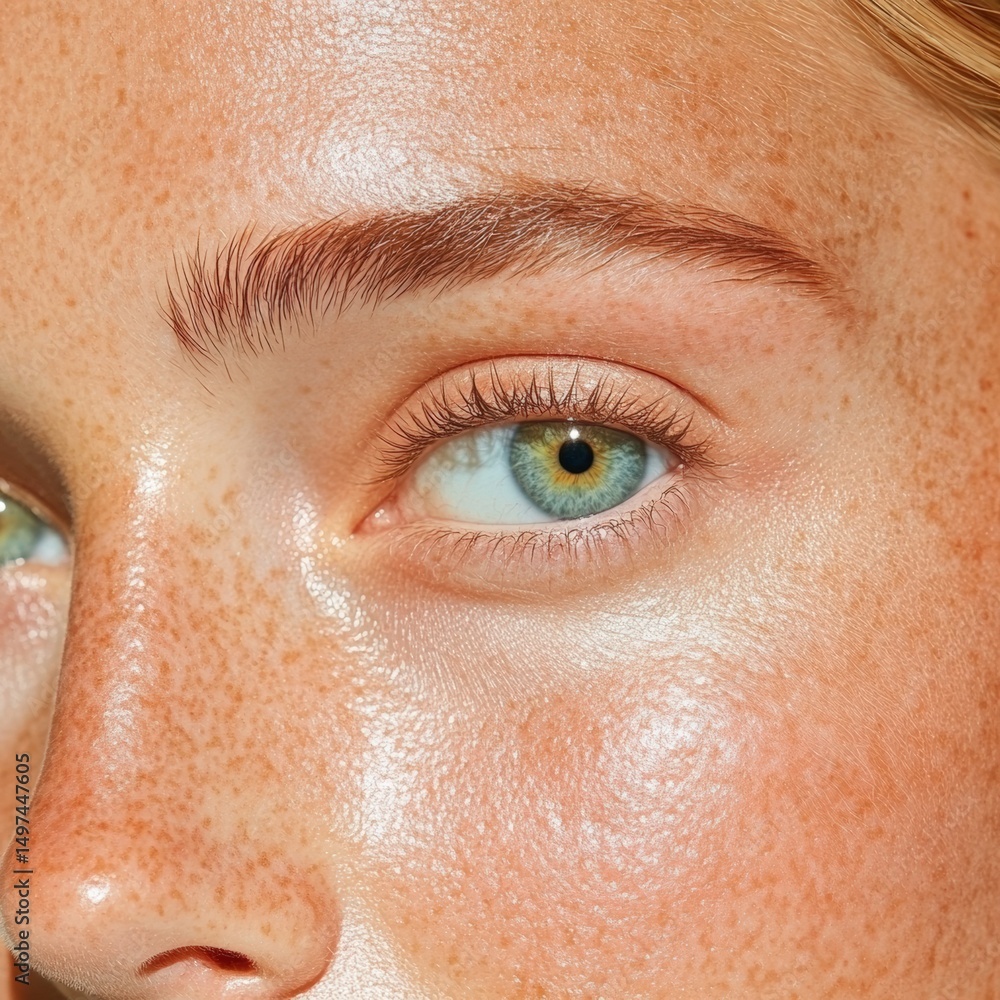 Fototapeta premium Close-up of a person's eye with freckles and glowing skin in natural light