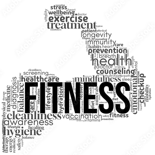Fitness word cloud featuring health, training, and motivation terms. Perfect for gym visuals, personal training, wellness content, and active lifestyle branding or promotions