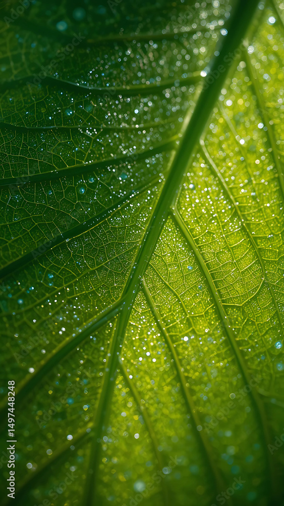 Fototapeta premium Closeup of delicate leaf structure under soft light, shimmering iridescence and intricate veins highlighted in fine macro view