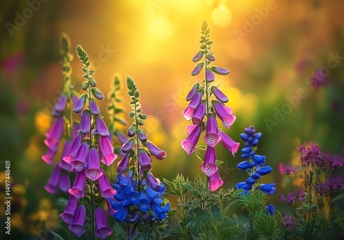 A garden scene at golden hour, featuring purple and blue flowers like foxgloves and thistles in the foreground with greenery and yellow grasses in the 