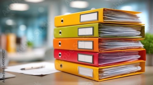 Stack of colorful office folders filled with documents on desk in bright office, symbolizing insurance files, administrative organization and paper-based recordkeeping system