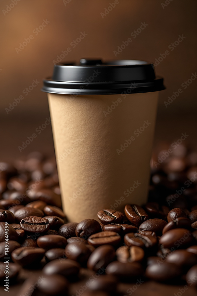 Disposable paper coffee cup with plastic lid on roasted coffee beans background, close-up.
Disposable paper coffee cup with plastic lid on roasted coffee beans background, close-up.