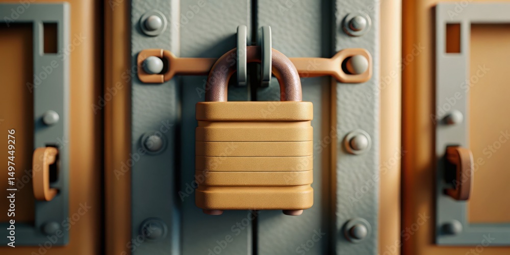 Obraz premium A sturdy brass padlock secures a metal door, symbolizing safety and protection.