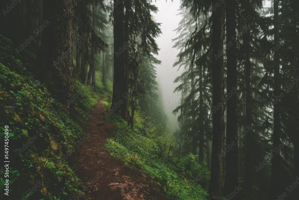 Obraz premium foggy pine forest trail with misty air and wet ground in a serene woodland setting