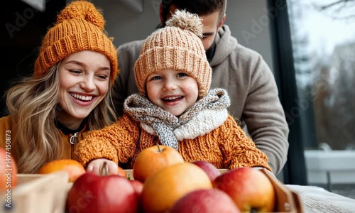 Family enjoys picking apples together on a sunny autumn day outdoors