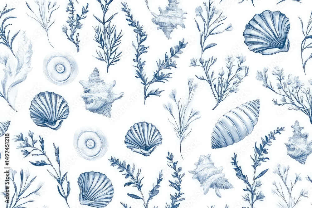pattern of sea shells and herbs, soft blue ink on white background, repeating elegant coastal motif pattern of sea shells and herbs, soft blue ink on white background, repeating elegant coastal motif