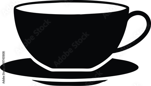 Simple black silhouette shows a cup of coffee and saucer on a white background